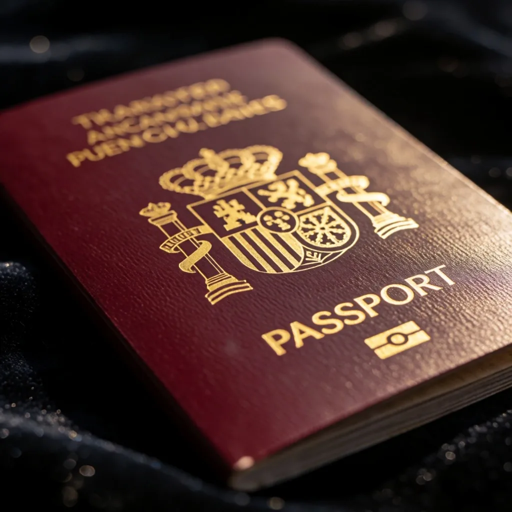 Pasaporte español sobre superficie oscura