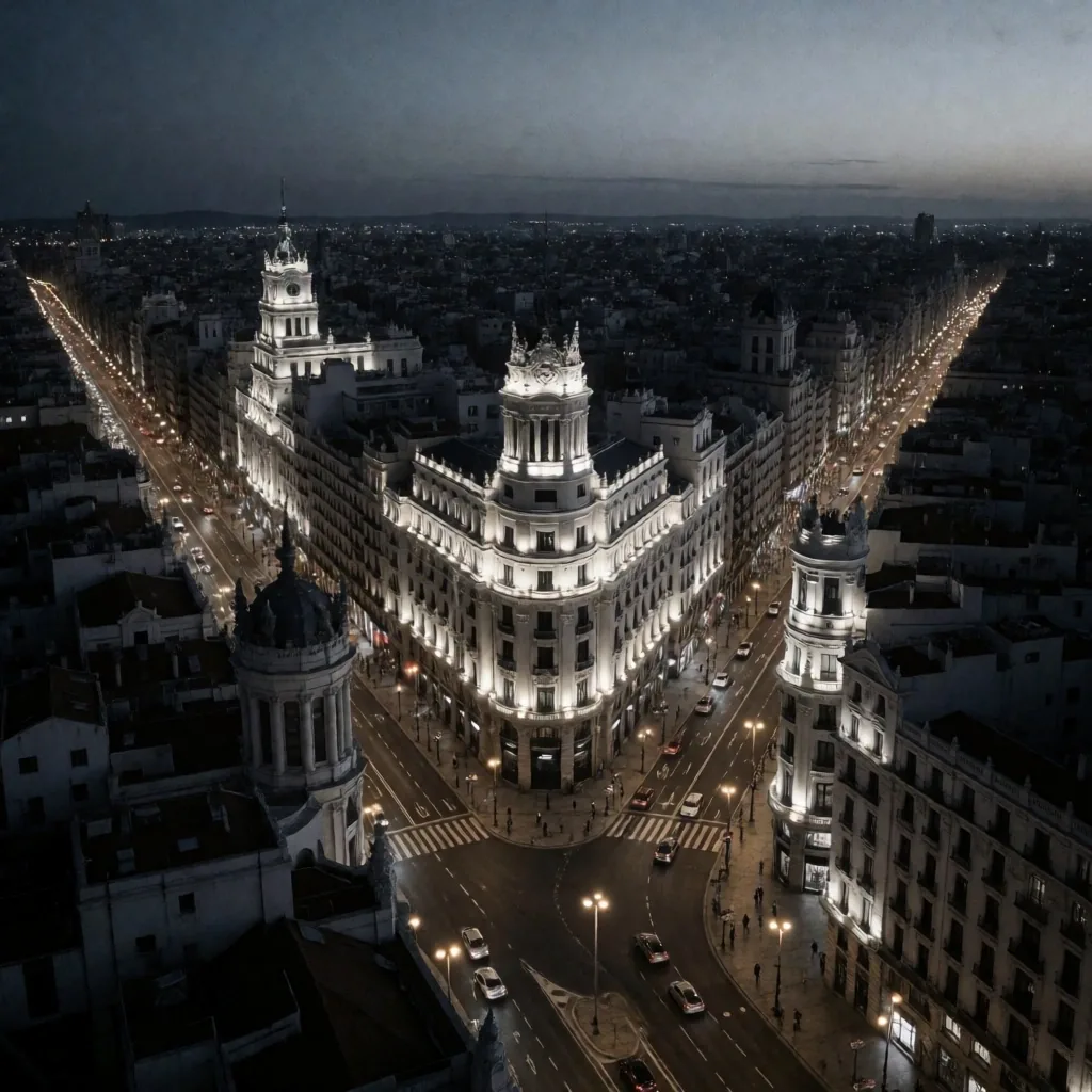Vista aérea de Madrid al anochecer