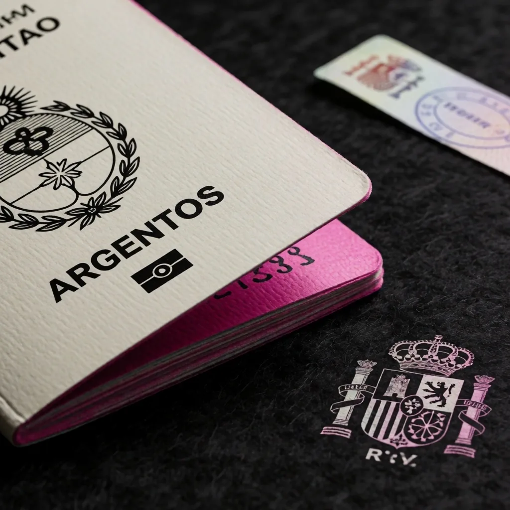 Pasaporte argentino y documento de visa europea sobre superficie de archivo