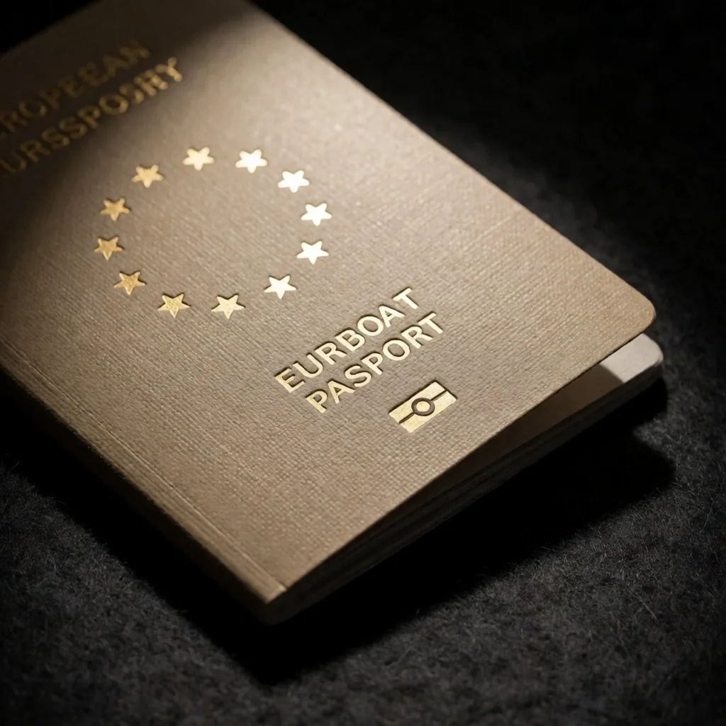 Pasaporte europeo iluminado bajo luz focal sobre superficie oscura