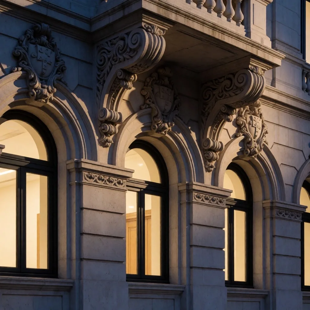 Detalle arquitectónico de un consulado portugués al atardecer