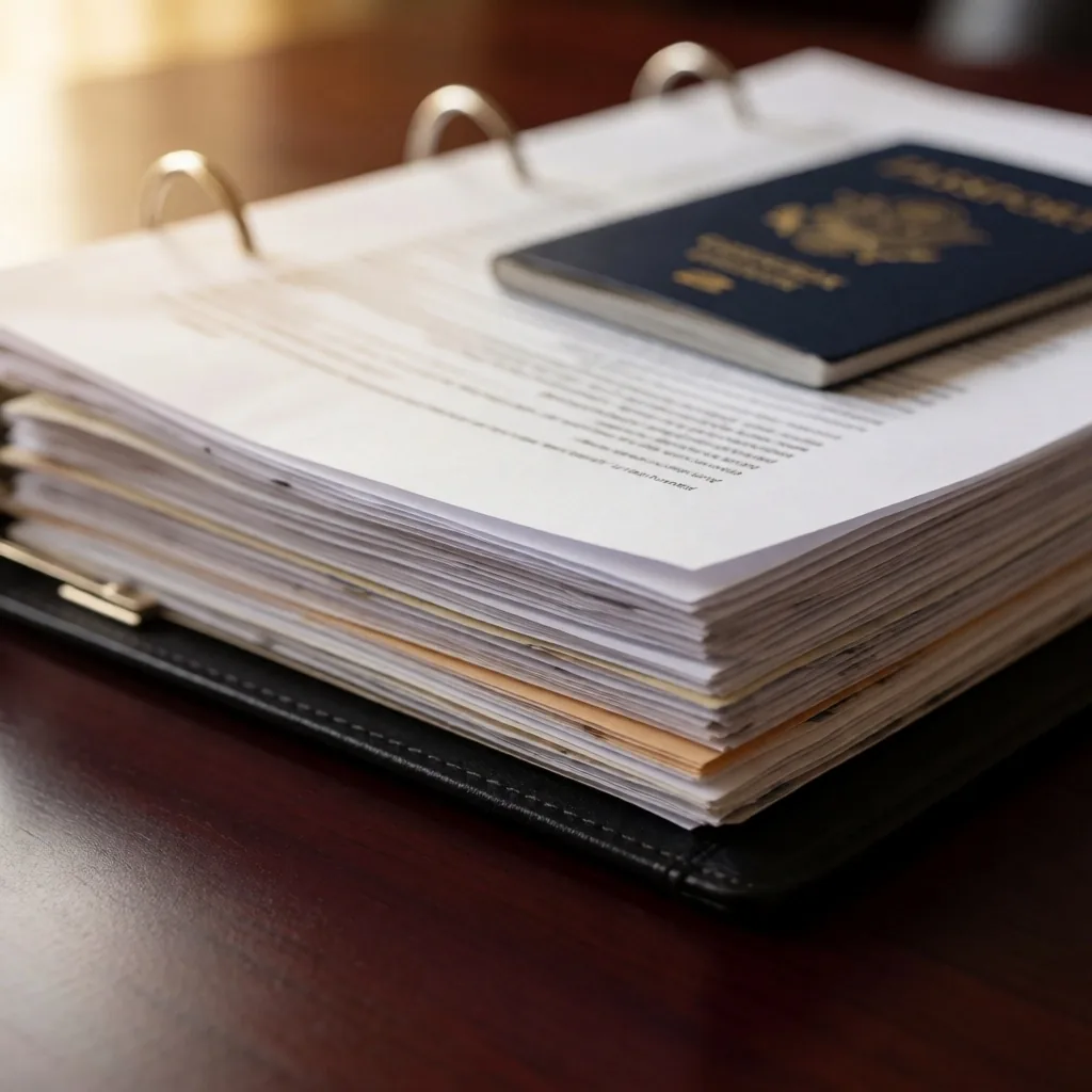Carpeta de documentos migratorios sobre un escritorio